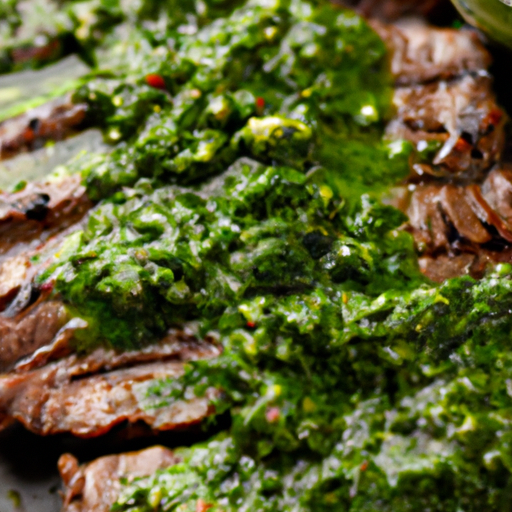 Tender skirt steak topped with vibrant green chimichurri sauce, garnished with fresh herbs