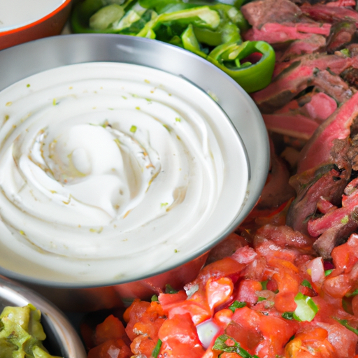 A variety of toppings including sour cream, guacamole, and salsa for steak fajitas