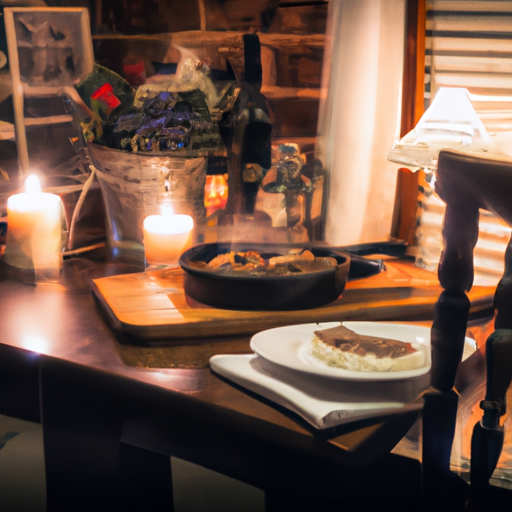 A cozy dining table set with a steaming steak and mushroom skillet, surrounded by candles and rustic decor.